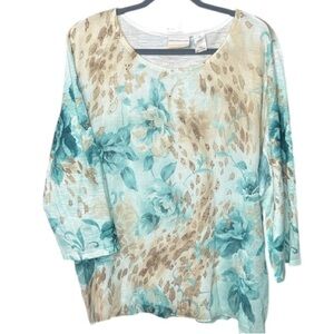 Alfred Dunner - Rhinestone Embellished Teal and Beige Floral Blouse - Size 2X